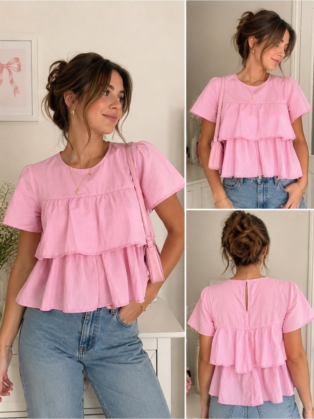 Zara Pink Tiered Ruffle Babydoll Top Size Small